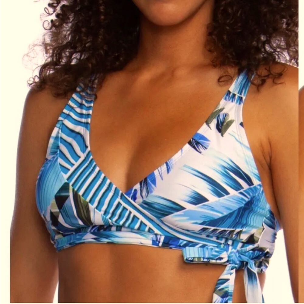 La Blanca Too Cool Blue Palm Bikini Top Size 4 NWT White Faux Wrap Front…